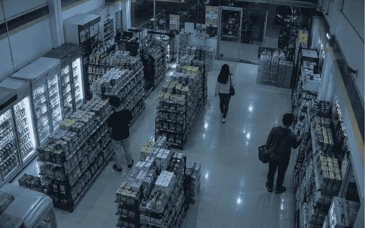 Kamera CCTV toko, tiga pengunjung di lorong rak